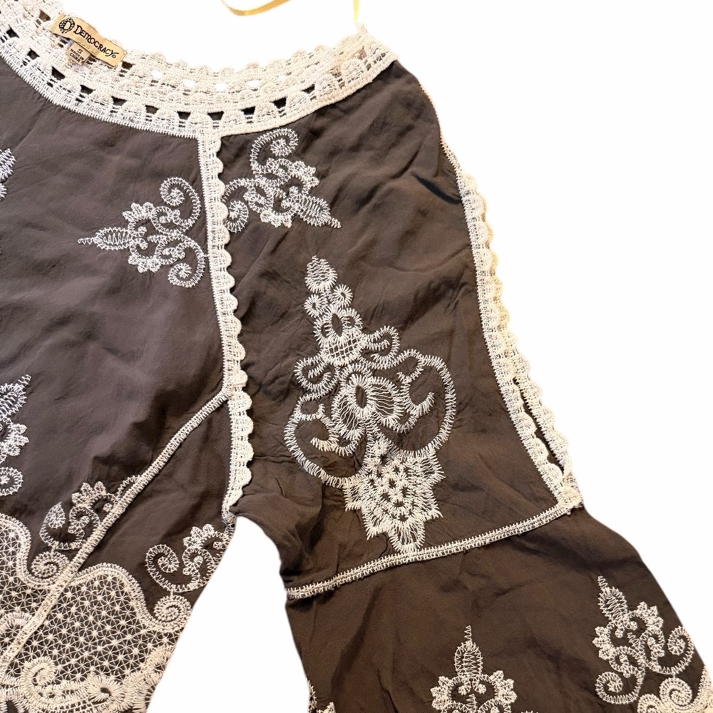 Democracy Brown Boho Lace Bell Sleeve Blouse - Size Small - Picture 2 of 5